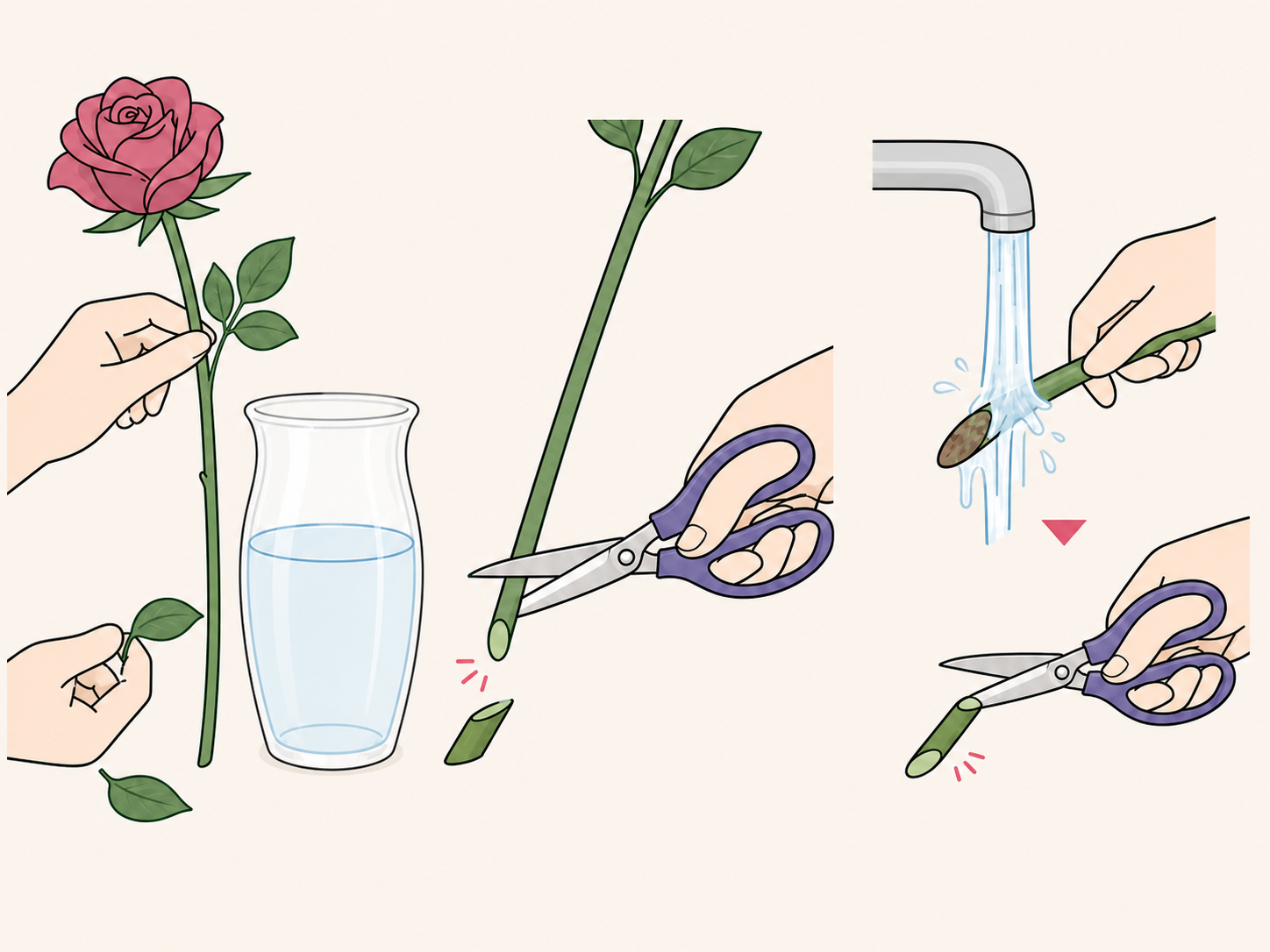 切り花の下葉を取り茎を斜めに切り戻す基本のお手入れイラスト