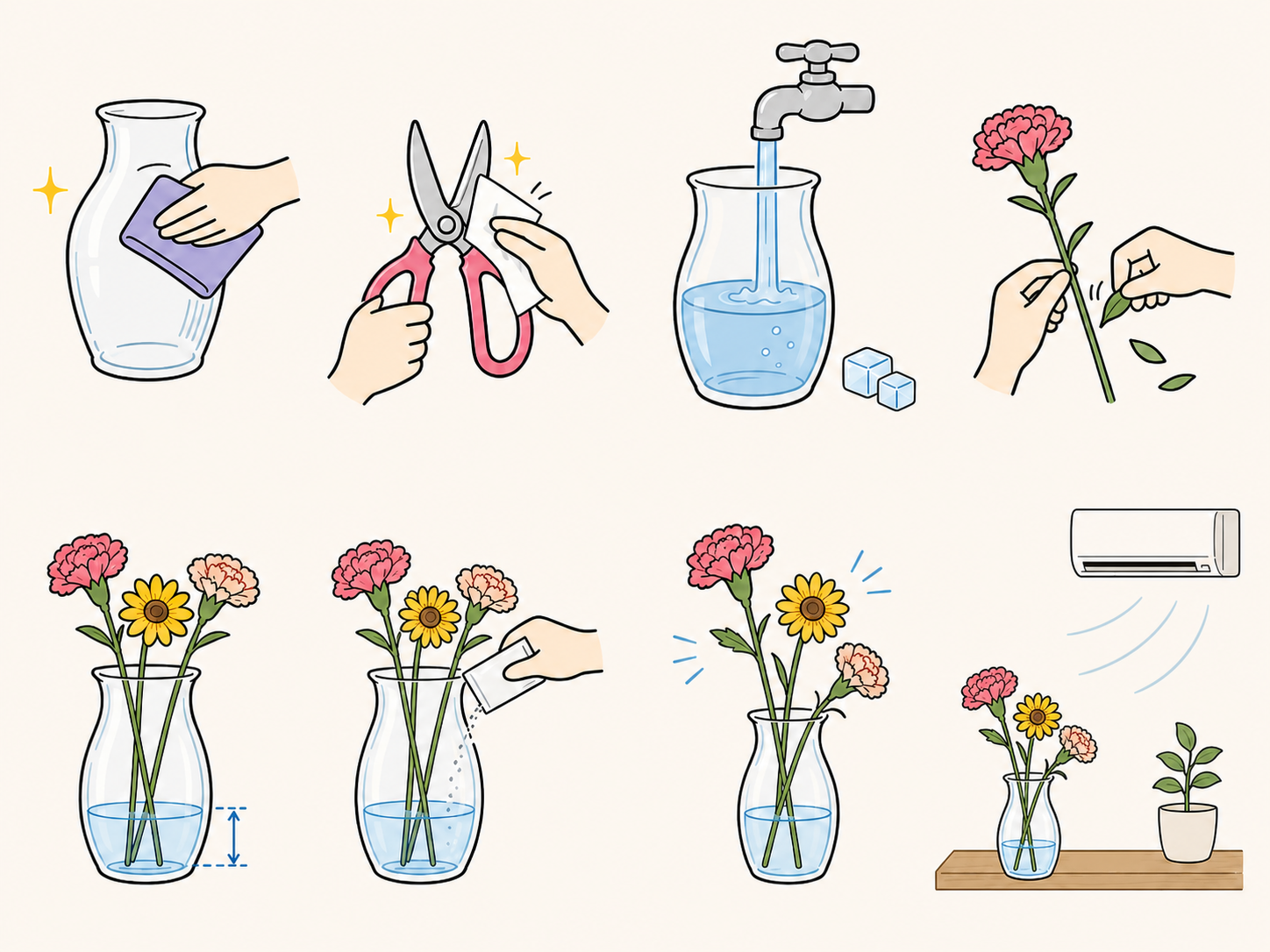 夏場の切り花に使う清潔な花瓶とハサミ、少ない水、少ない本数のイラスト