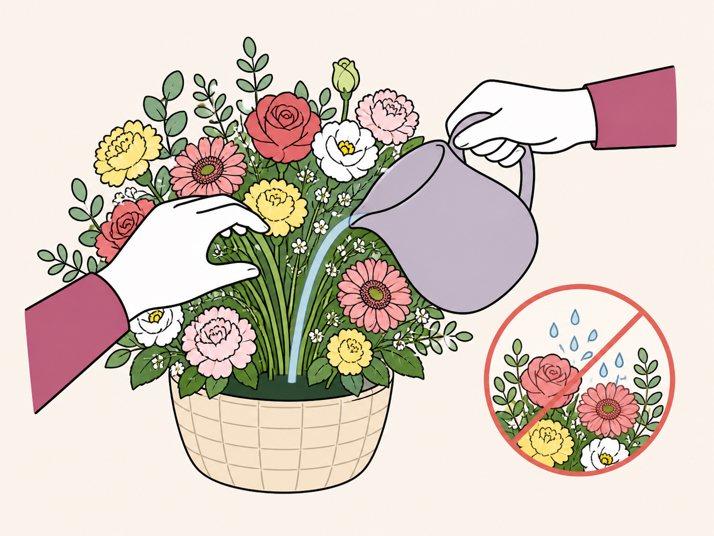 アレンジメントの花の隙間から根元の吸水性スポンジへ給水するイラスト