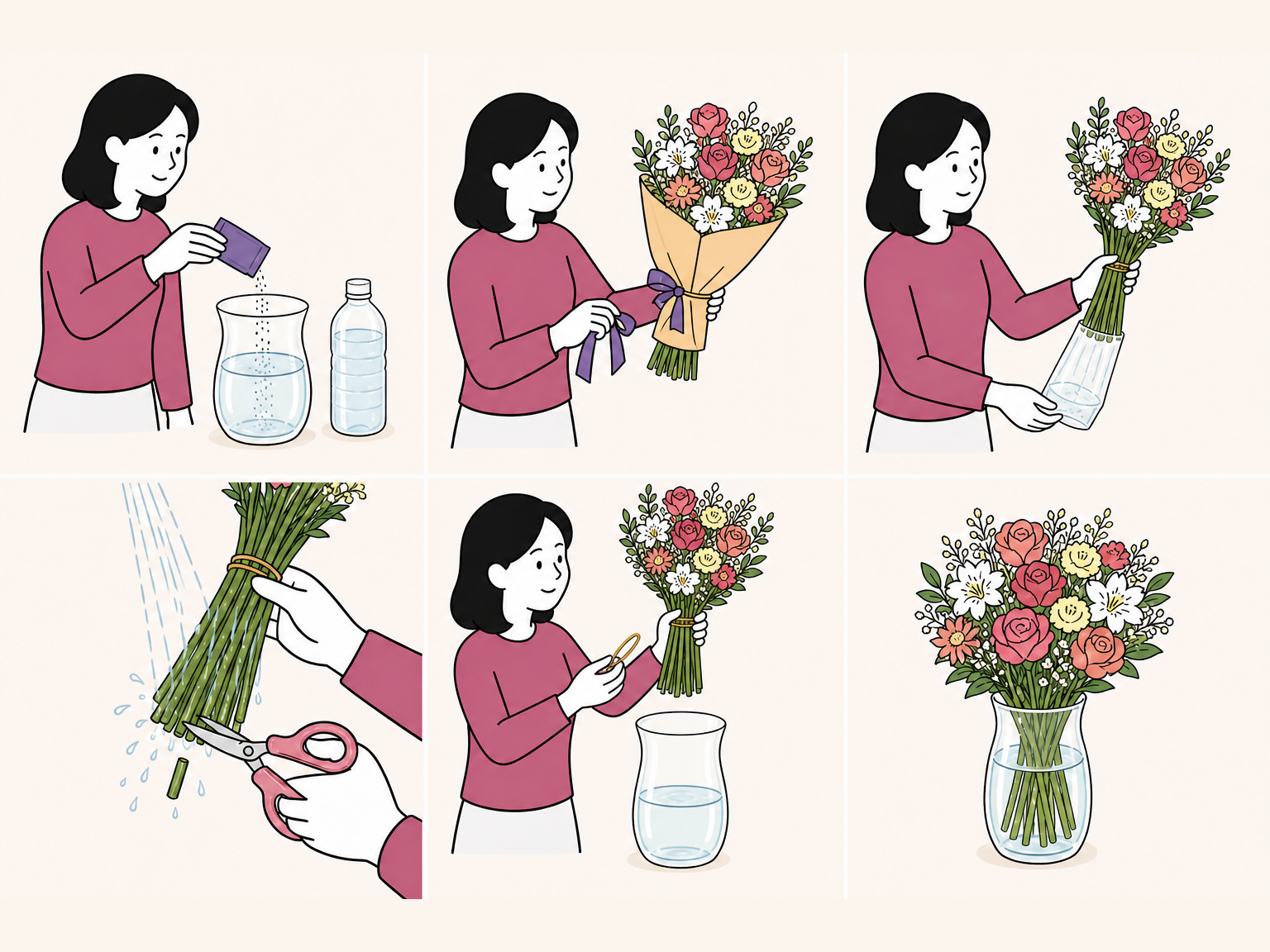 花束の包装とエコゼリーを外し茎を整えて花瓶へ移す6つの手順のイラスト