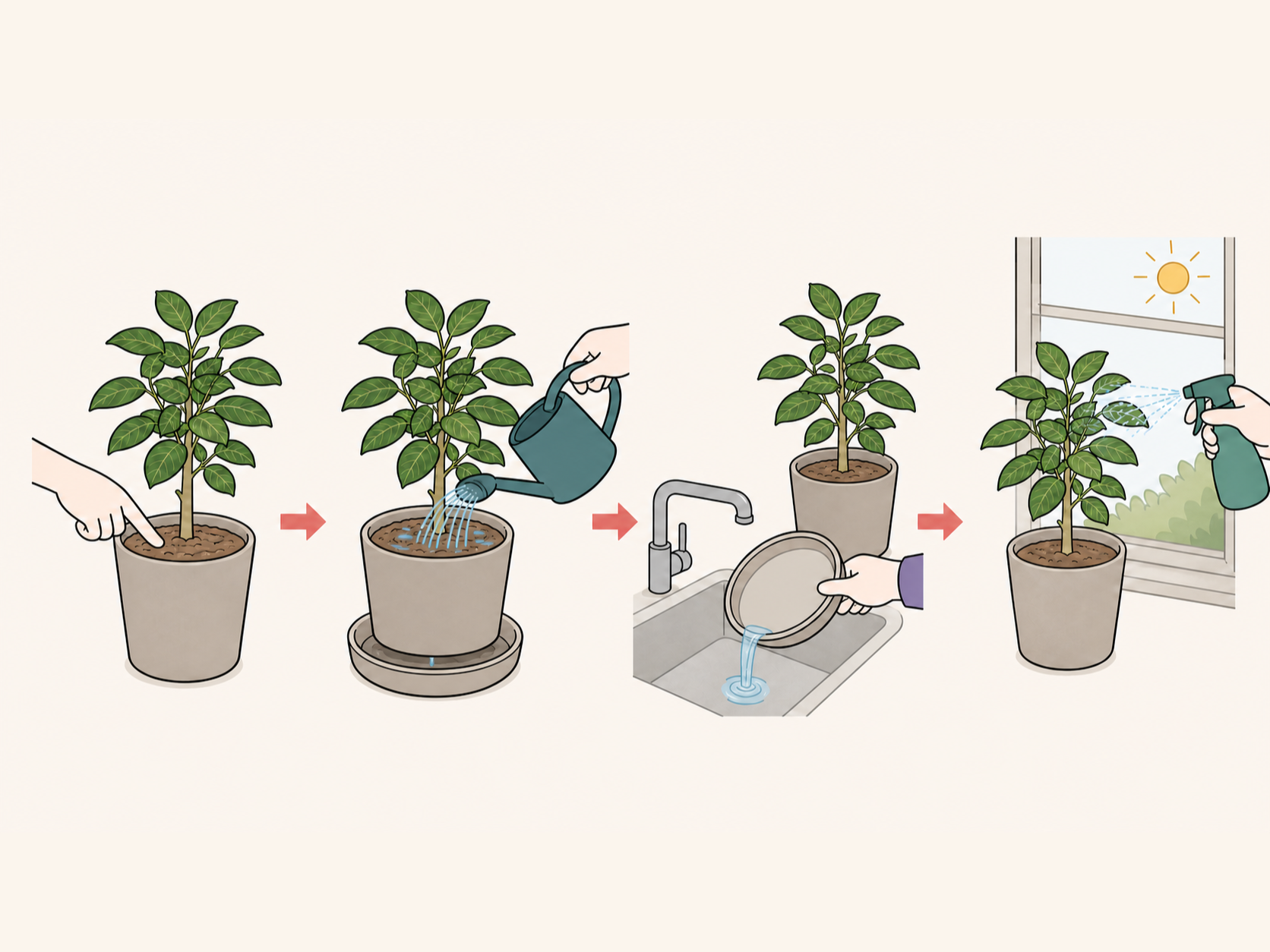 観葉植物の土の乾燥確認、水やり、鉢皿の排水、葉水の手順イラスト