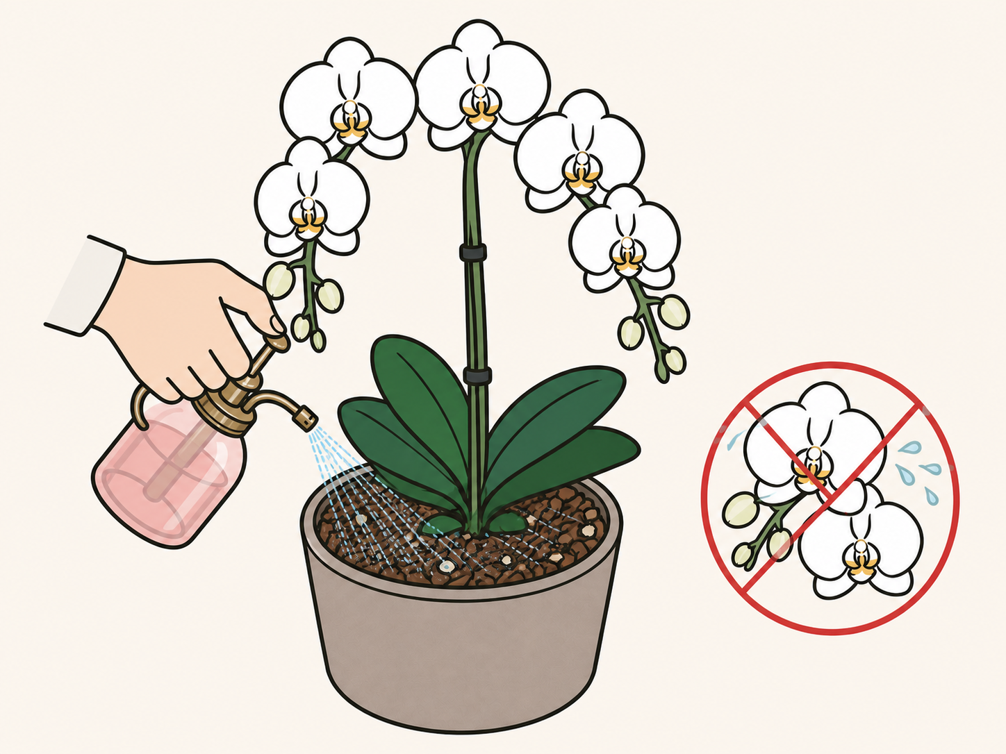 胡蝶蘭の表面と株元へ霧吹きで水を与えるイラスト