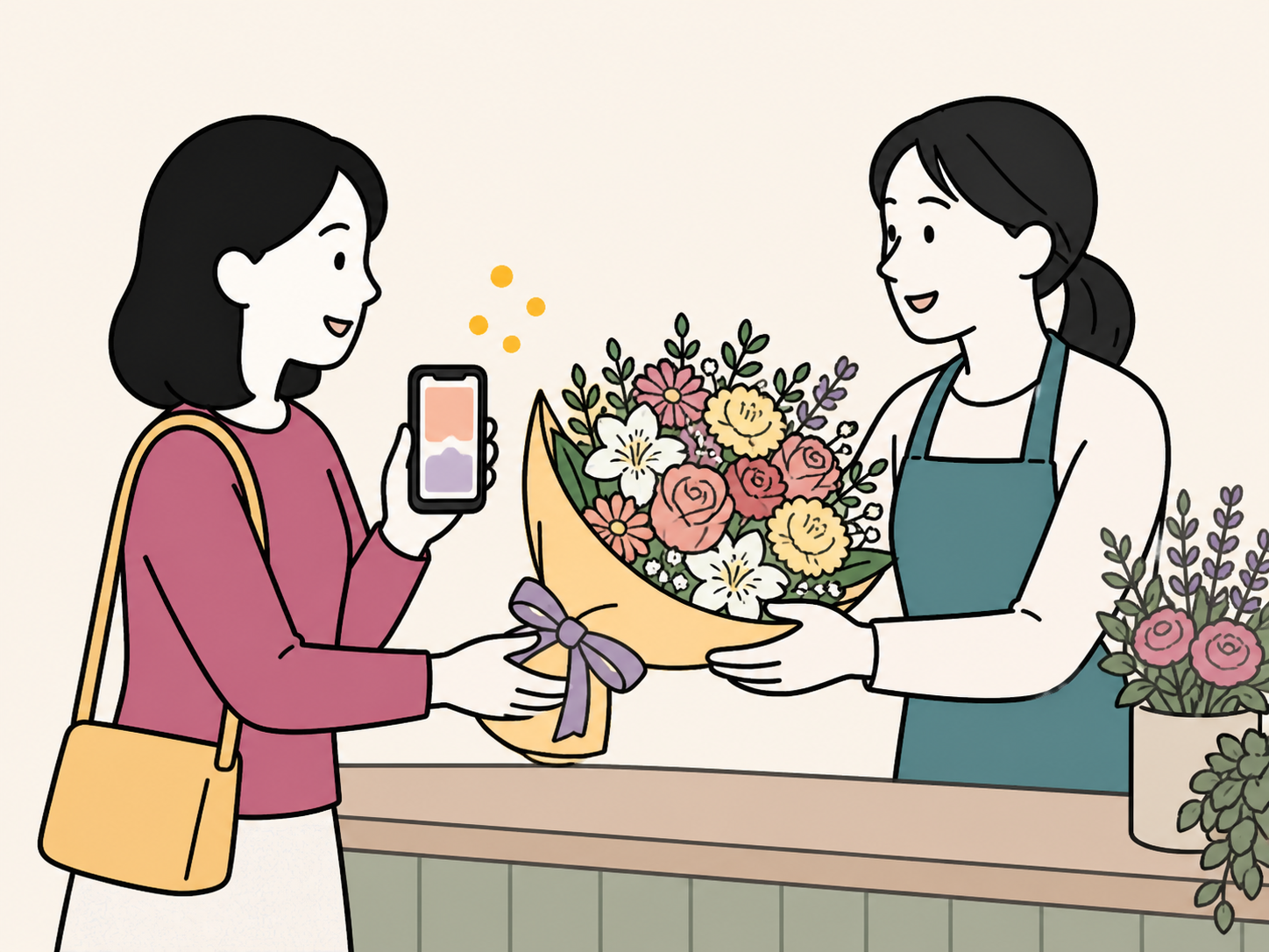 店頭でスマートフォンの会員証を提示して花を受け取るイラスト