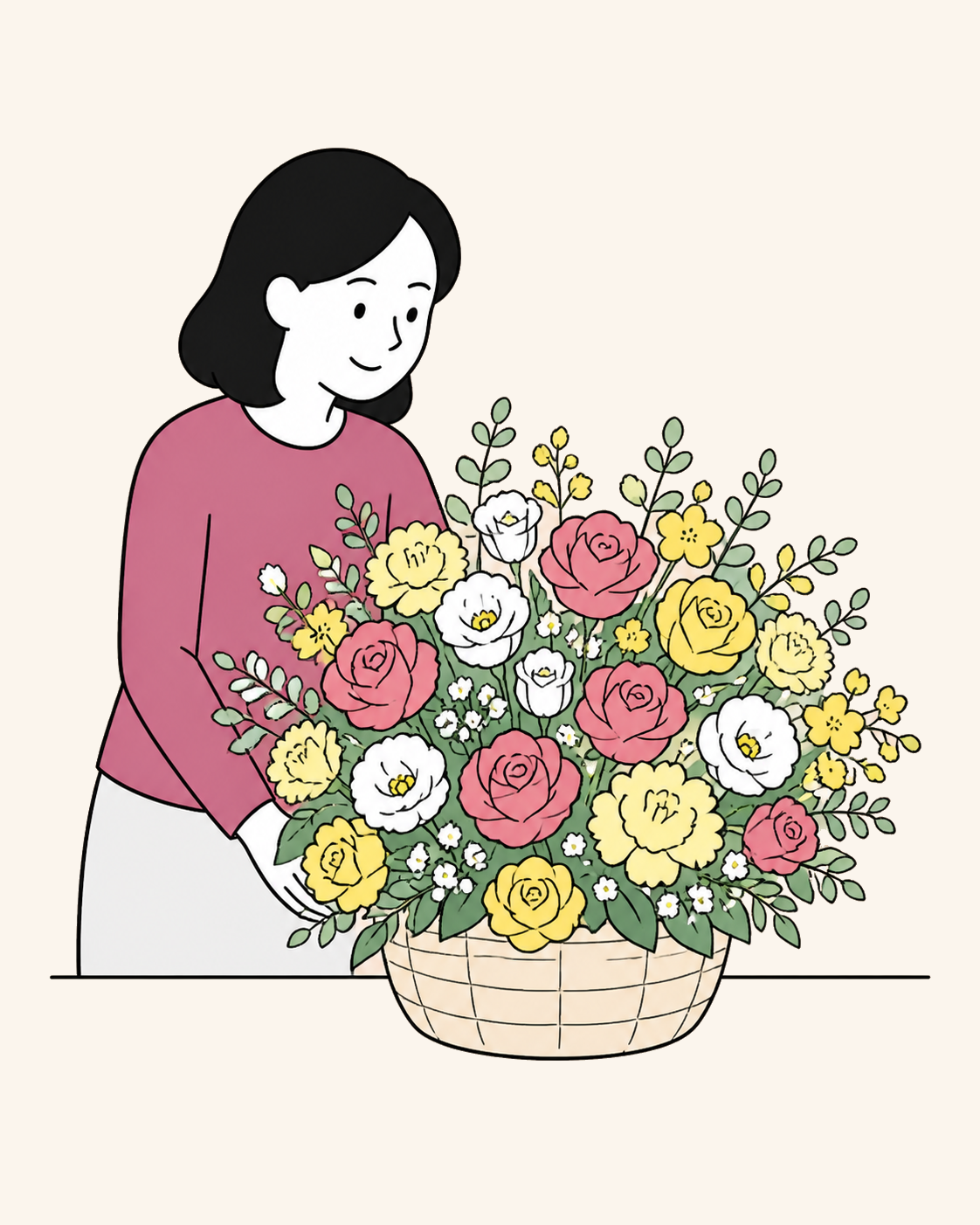 器入りの御祝いアレンジメントを飾る人物のイラスト