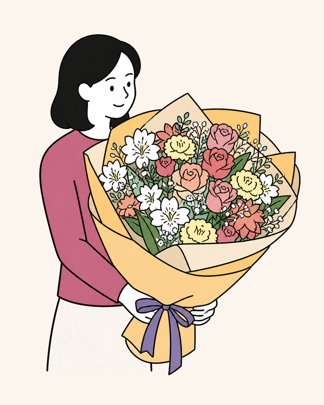 大きな御祝い花束を抱える人物のイラスト