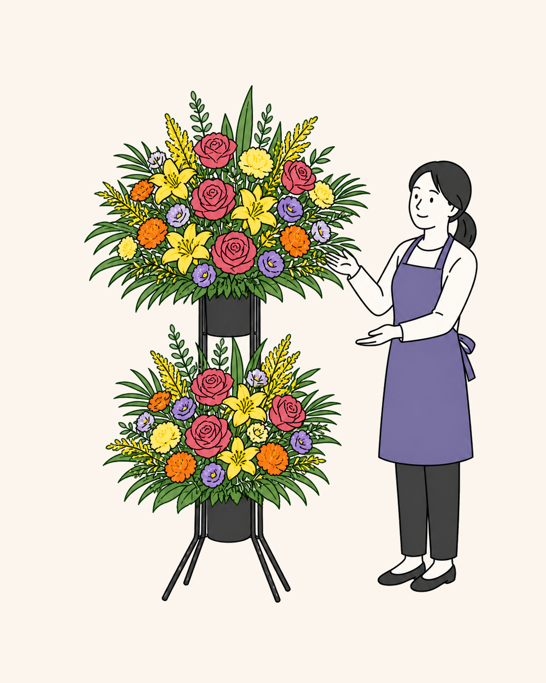 色鮮やかな2段の御祝いスタンド花を案内する人物のイラスト