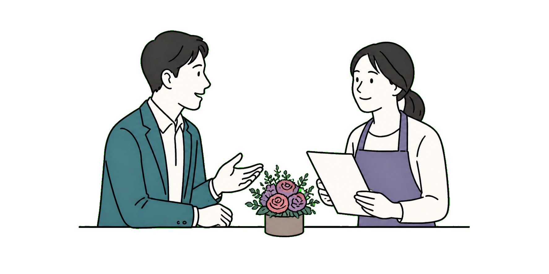 法人のお客様と花店スタッフが、お花の注文について相談する様子