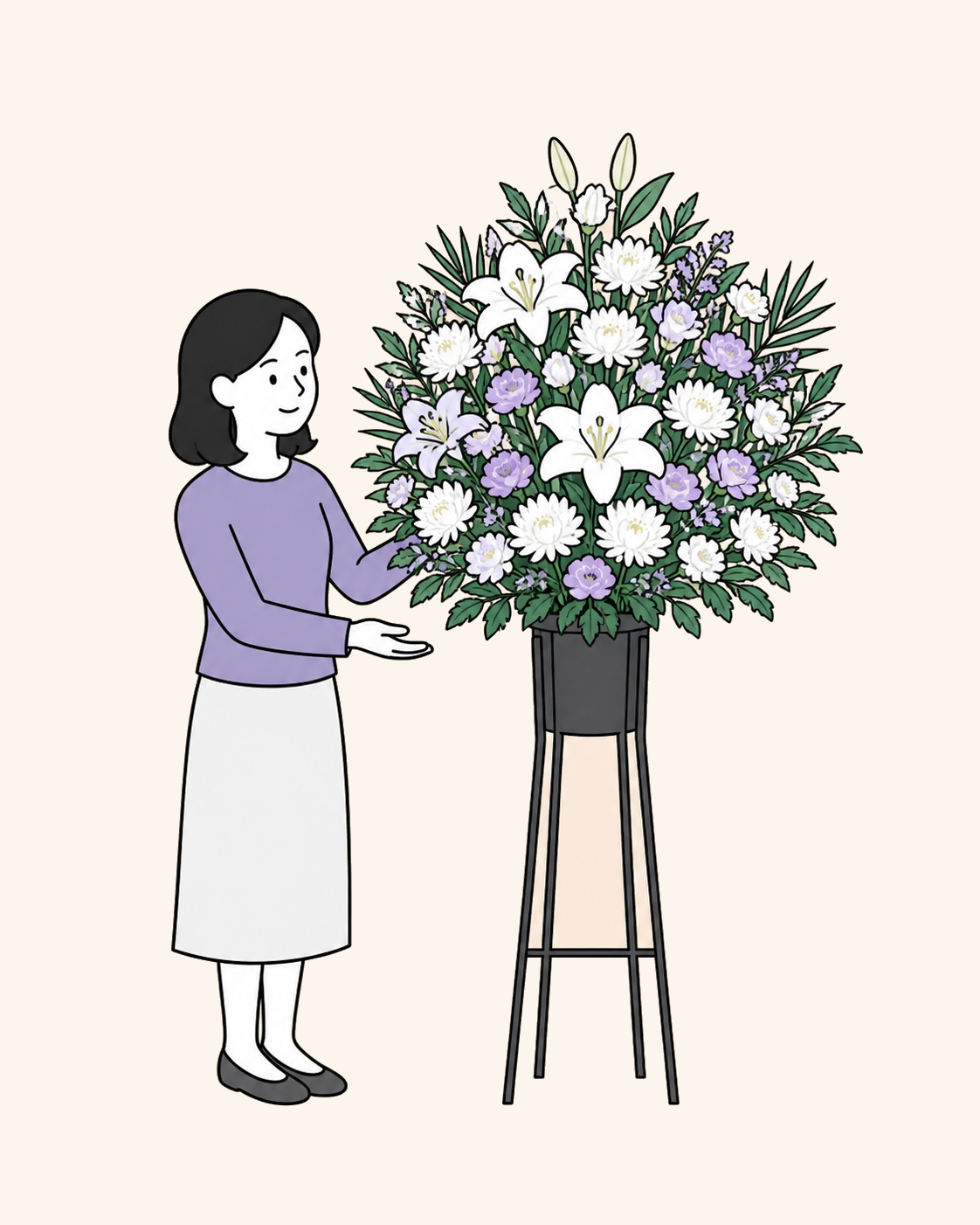 白と緑を中心とした1段の葬儀スタンド花を案内する人物のイラスト