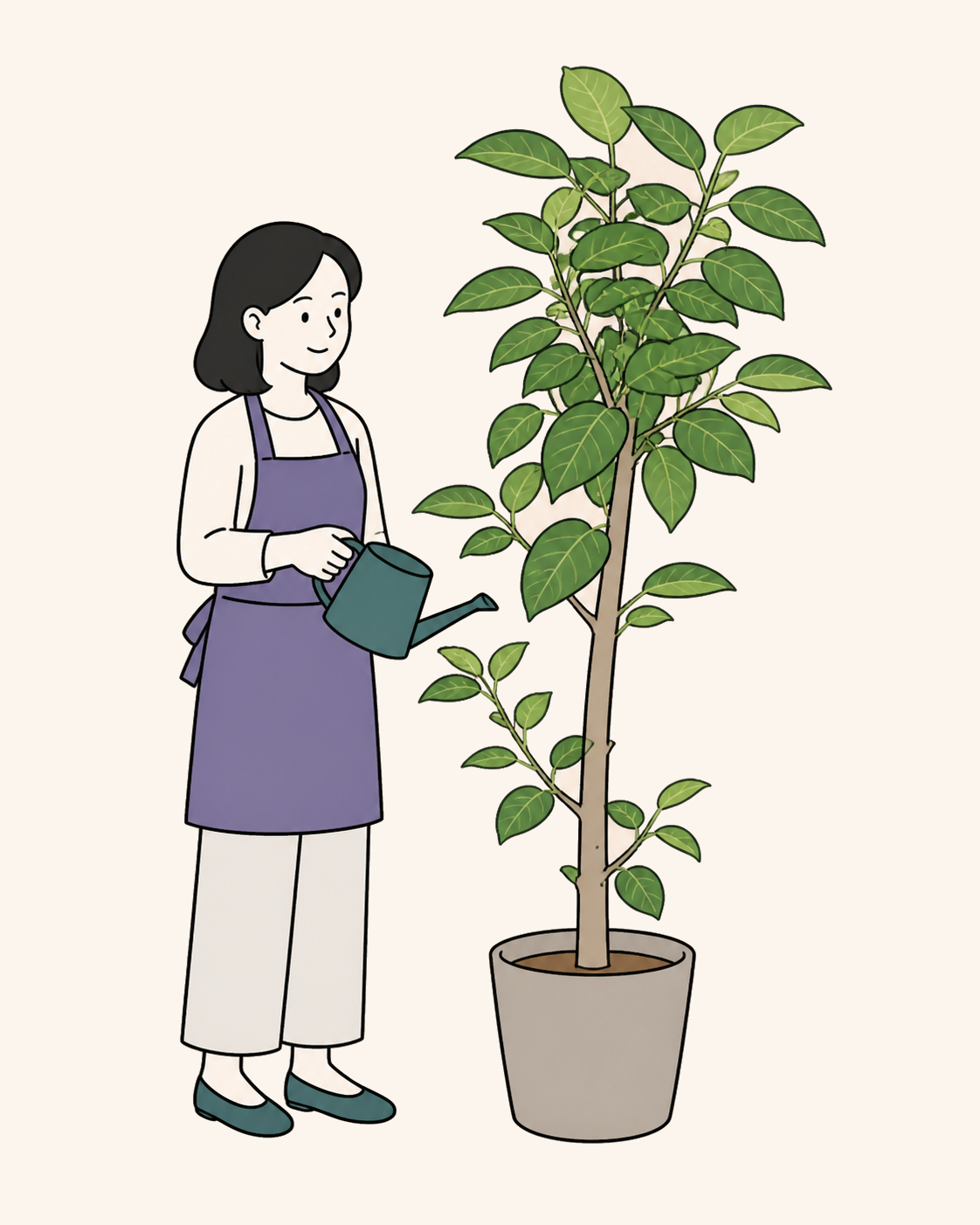 背の高い観葉植物に水をあげる人物のイラスト