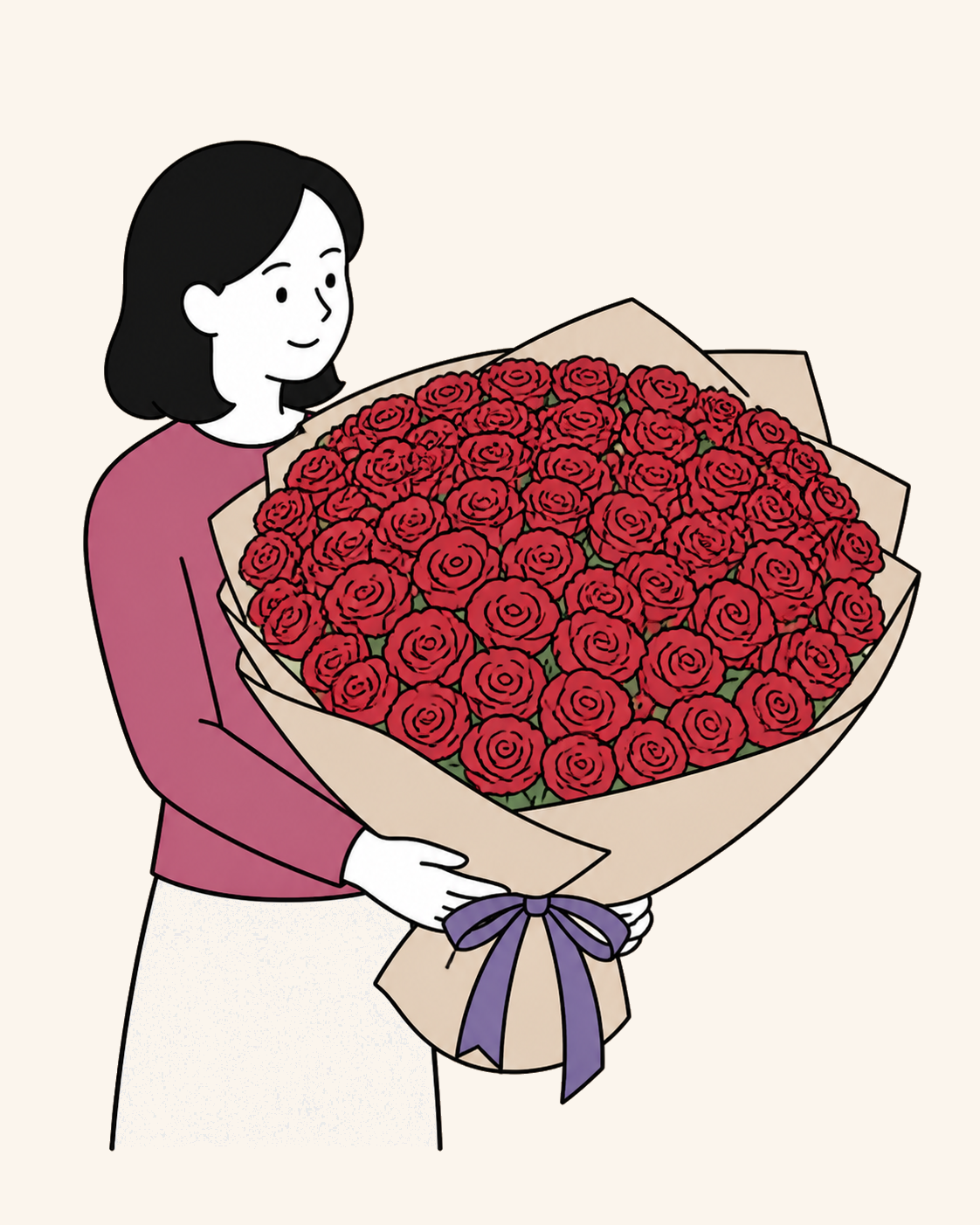 大きな赤バラの花束を抱える人物のイラスト