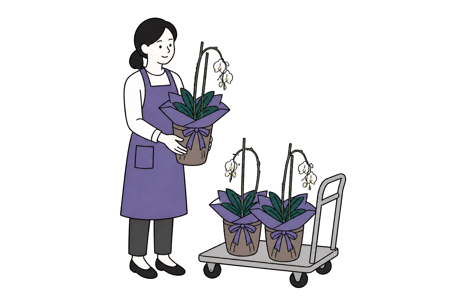 咲き終わった胡蝶蘭をスタッフが回収するイラスト